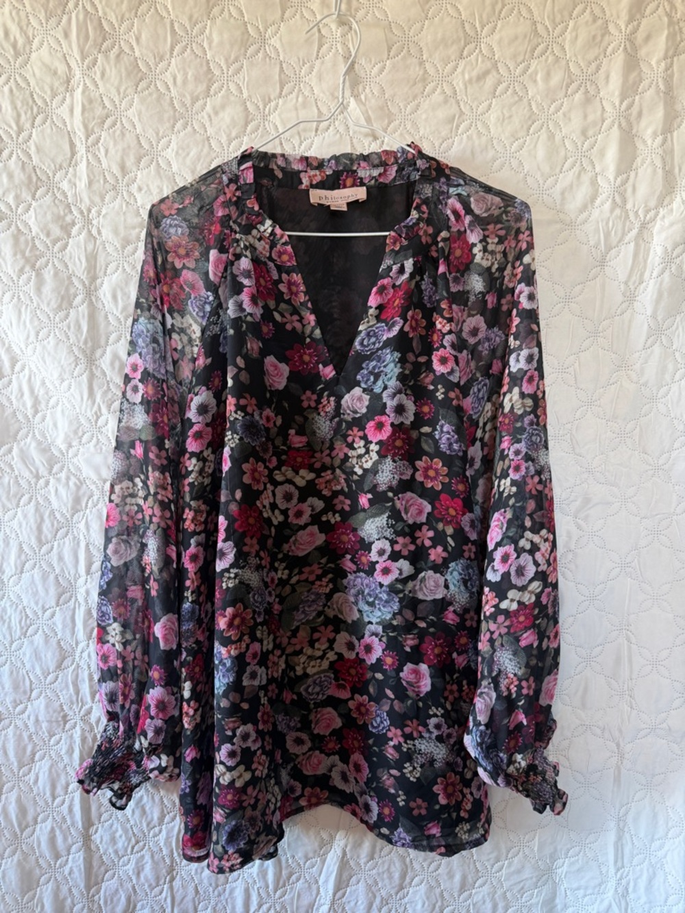 Philosophy Black Floral Sheer V-Neck Blouse